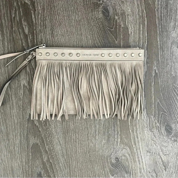 Michael Kors Handbags - Michael Kors Billy XL
Cement Fringe Suede Zip Clutch